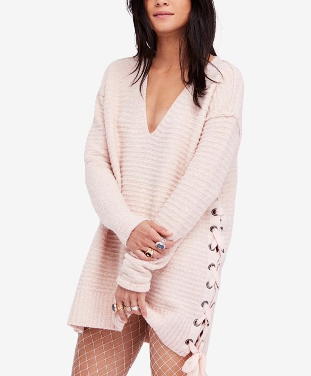 Free People Heart It Lace-Up Longline Cozy Sweater Rose Small